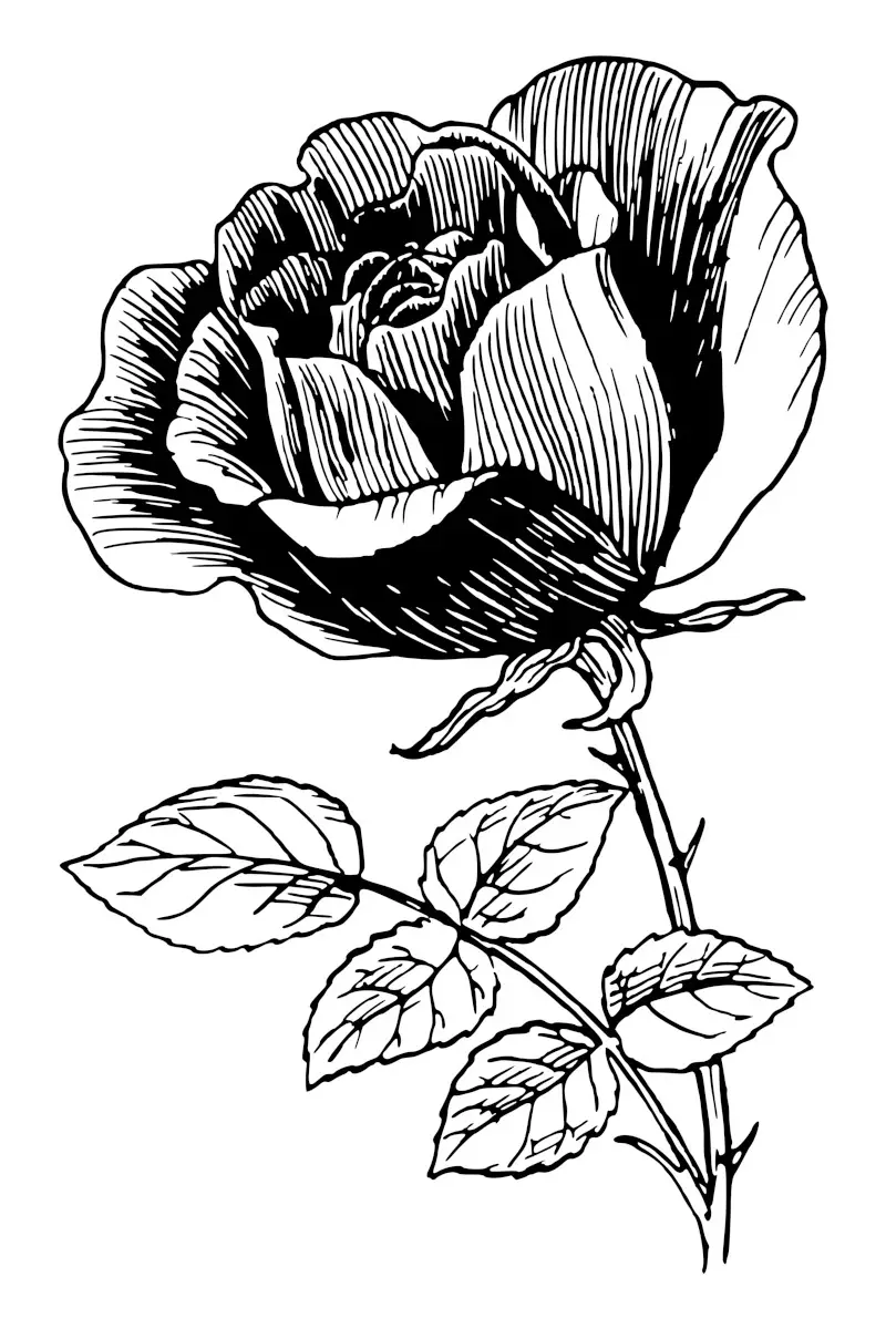 Rose Detailed Vintage Line Drawing